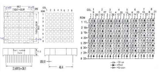 60X60mm Kwadratowy wyświetlacz 8X8 punktów RGB LED Matrix Dots Matrix led