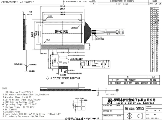 Moduł LCD 160*80 STN Żółty Zielony Z IC 1698U Monochrom Niskie zużycie energii