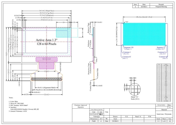 1.29' 1,3' OLED LCD Moduł 128*64 Monochrom Blue Wide Temperature Free View