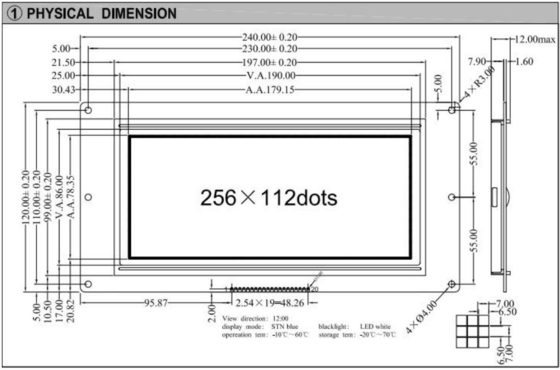256*112 Moduł graficzny LCD 12H STN Niebieski szeroki temperatury przemysłowego wyświetlacza