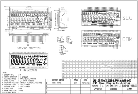 Moduł TN LCD 2.8v -40 stopni Celsjusza przechylający pozytywny licznik energii 64Hz
