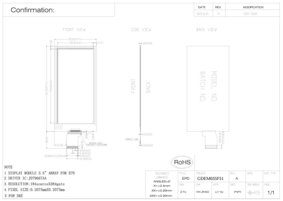3.52' 4 Kolor 384*184 Jd79667AA E-Paper Based Display EPD