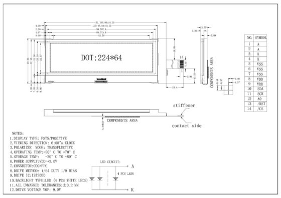 Dostosowane 224X64dots Graphic Cog Podświetlenie LED Wyświetlacz LCD telefonu komórkowego Przemysłowy Gade Mały rozmiar