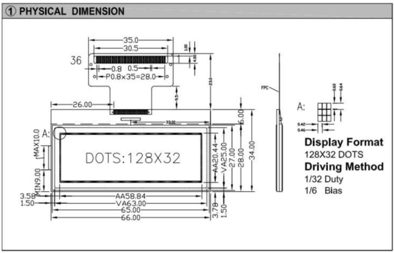 Moduł LCD graficzny 128*32 NT7534 z podświetlanym złączem FPC