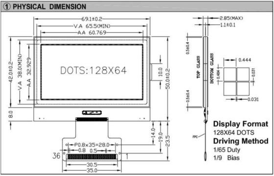 128*64 Moduł graficzny LCD FPC Interfejs ST7565 3.3v Wysokotemperaturowy wyświetlacz przemysłowy