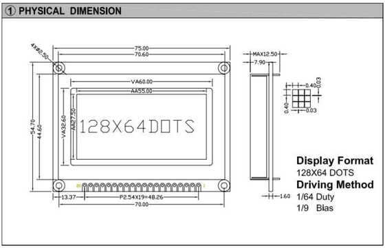 Moduł graficzny STN LCD 128*64 z LED Back Light Monochrom 20 Pin ST7565 3.5v Industrial Display