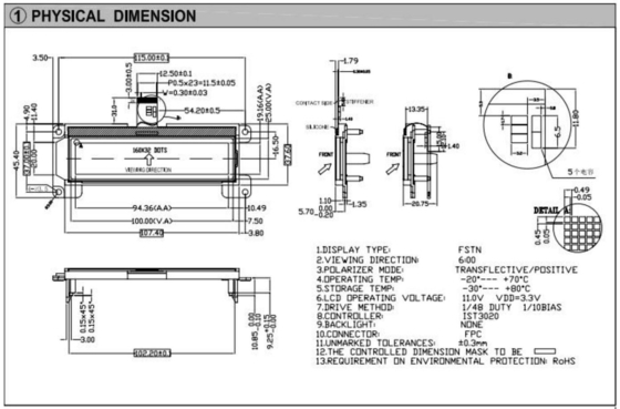 160*32 Moduł graficzny LCD FSTN 6H Pozytywny Transflekcyjny Ekran Przemysłowy o szerokiej temperaturze