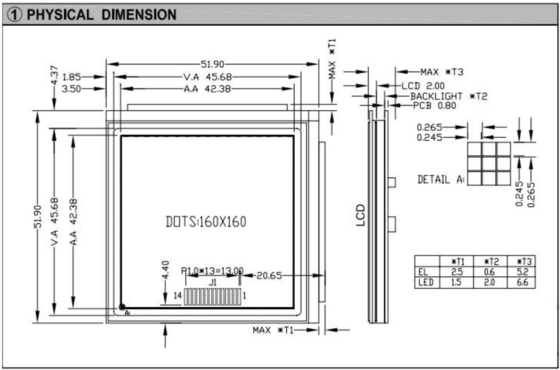 160*160 Moduł graficzny LCD z podświetleniem PCB NT7701 Wysoka temperatura wyświetlacz przemysłowy