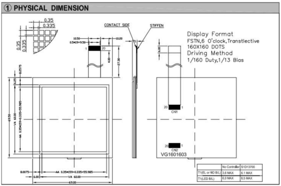 160*160 Graficzny moduł LCD FSTN 6H Transflekcyjny 60*60mm kwadratowy wyświetlacz przemysłowy z podświetleniem