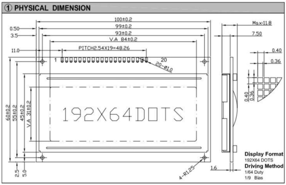 192*64 graficzny moduł LCD STN szeroki widok AT0107 z podświetleniem przemysłowym