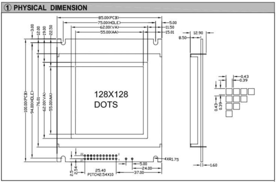 128*128 Graficzny moduł LCD FSTN monochromatyczny AT0107 22 Pin Industrial Display