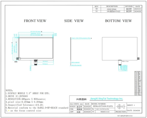 7.5'' EPD 800*480 4 Kolor Wysokiego Kontrastu JD79665 Hitech E-Paper Display