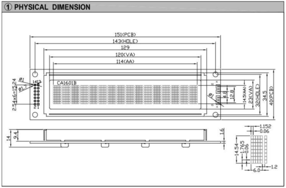 Duży rozmiar 1601 16*1 Moduł LCD z oświetleniem wstecznym PCB Industrial Display
