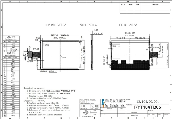 10.4'' TFT 1024*RGB*768 szerokotemperaturowy moduł LCD z dotykiem