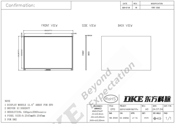 11.6'' 4 kolor 960*640 TFT MCU wysokokontrastowy interfejs E-paper display EPD