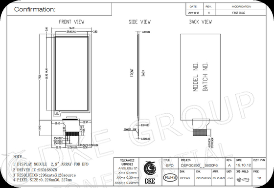 2.9' 296*128 Interfejs MCU Active Matrix E-Paper display EPD