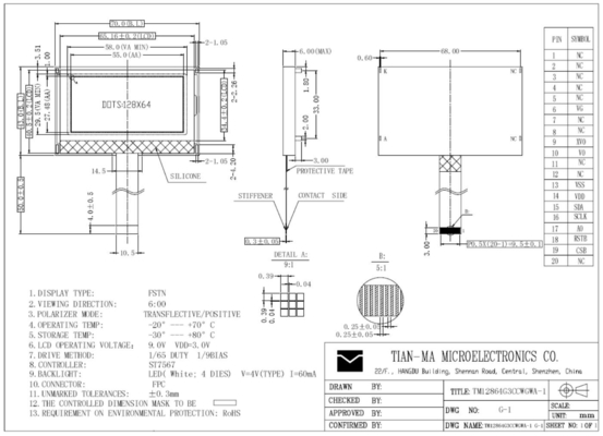 128*64 FSTN Tianma ST7567 Moduł LCD o szerokiej temperaturze